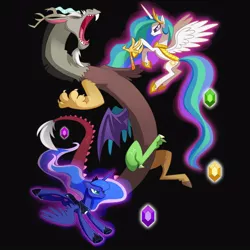 Size: 1000x1000 | Tagged: artist:sambragg, derpibooru import, discord, element of generosity, element of honesty, element of kindness, element of laughter, element of loyalty, element of magic, elements of harmony, princess celestia, princess luna, princess twilight sparkle (episode), safe, scene interpretation