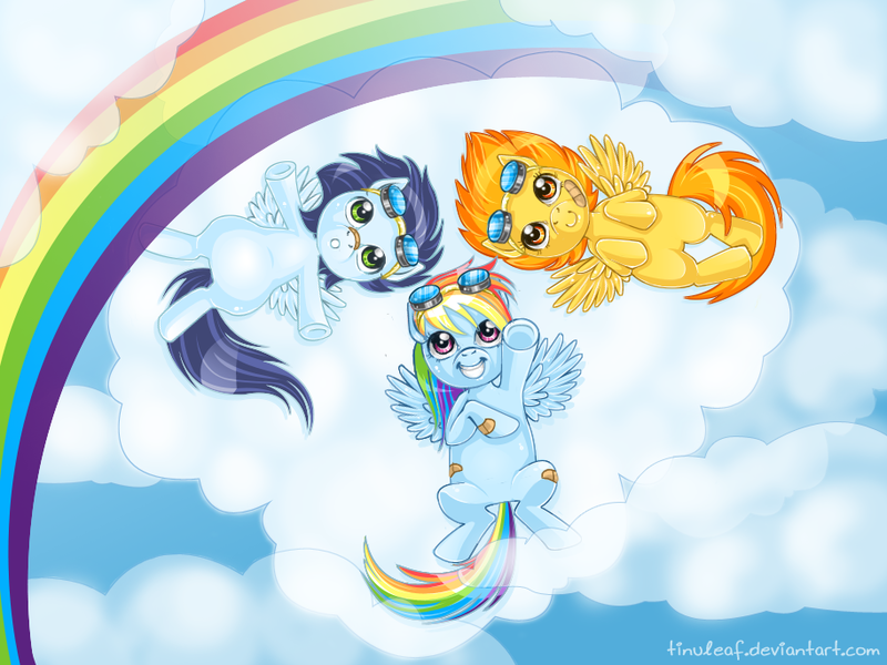 Size: 913x685 | Tagged: artist:tinuleaf, bandage, bandaid, cloud, cloudy, cute, derpibooru import, goggles, grin, happy, :o, on back, open mouth, pointing, rainbow, rainbow dash, safe, smiling, soarin', spitfire