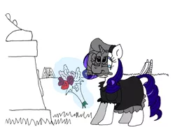 Size: 1024x745 | Tagged: artist:dragonboi471, crying, derpibooru import, flower, fluffy(character), funeral dress, rarity, safe, solo, statue, ty the tasmanian tiger, ty the tasmanian tiger 3