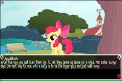 Size: 1026x679 | Tagged: a foal's errand, apple bloom, bench, derpibooru import, filly gamez, game, outdoors, safe, screencap, solo, text, visual novel