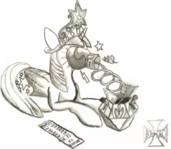 Size: 1469x1277 | Tagged: safe, artist:bhiggo, derpibooru import, twilight sparkle, twilight sparkle (alicorn), alicorn, pony, princess twilight sparkle (episode), boxing glove, female, figby's fist, jack in the box, mare, monochrome, mystery box of plot importance, pay2win, punch, receipt, sitting, solo, team fortress 2