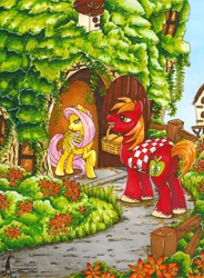 Size: 900x1221 | Tagged: safe, artist:fallenzephyr, derpibooru import, big macintosh, fluttershy, basket, bedroom eyes, blushing, door, female, flower, fluttermac, fluttershy's cottage, male, mouth hold, picnic, picnic basket, picnic blanket, shipping, straight, traditional art