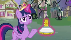 Size: 1280x720 | Tagged: safe, derpibooru import, screencap, twilight sparkle, twilight sparkle (alicorn), alicorn, pony, princess twilight sparkle (episode), big crown thingy, black vine, element of magic, female, flashback potion, frown, jewelry, looking at you, magic, mare, open mouth, raised eyebrow, raised hoof, regalia, solo, telekinesis