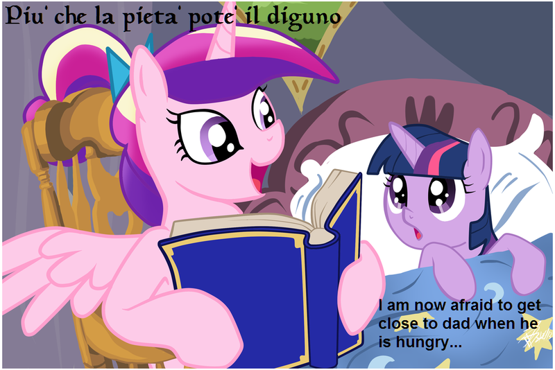 Size: 1024x683 | Tagged: safe, deleted from derpibooru, derpibooru import, princess cadance, twilight sparkle, alicorn, pony, unicorn, bed, bedtime story, book, cadance's bedtime stories, cadence is a foreigner, divine comedy, duo, exploitable meme, female, filly, filly twilight sparkle, implied cannibalism, italian, looking up, meme, younger