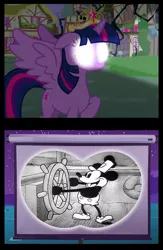 Size: 1029x1581 | Tagged: safe, derpibooru import, twilight sparkle, twilight sparkle (alicorn), alicorn, pony, princess twilight sparkle (episode), disney, female, glowing eyes, mare, mickey mouse, projector, steamboat willie, twilight projector