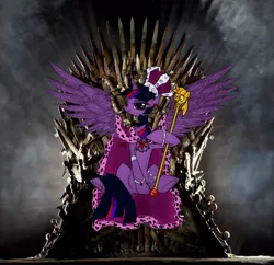 Size: 620x600 | Tagged: safe, artist:spromultis, derpibooru import, edit, twilight sparkle, twilight sparkle (alicorn), alicorn, pony, cape, clothes, female, game of thrones, glorious twilicorn, iron throne, it's good to be a princess, mare, meme, scepter, throne, twilight scepter