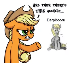 Size: 610x540 | Tagged: safe, artist:tenaflyviper, derpibooru import, edit, applejack, derpy hooves, pegasus, pony, derpibooru, and then there's this asshole, female, mare, meta, simple background, solo, vulgar