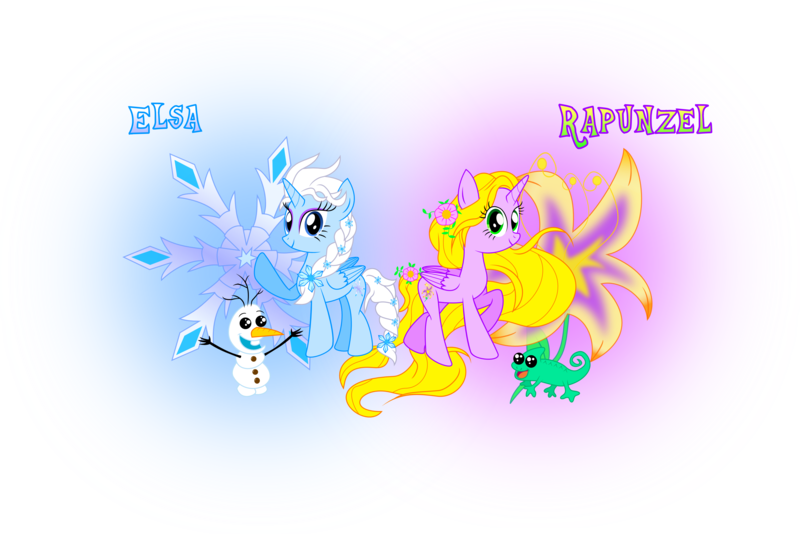 Size: 4115x2747 | Tagged: safe, artist:meganlovesangrybirds, derpibooru import, ponified, alicorn, chameleon, pony, braid, disney, disney princess, elsa, frozen (movie), impossibly long hair, long hair, long mane, long tail, olaf, pascal, rapunzel, snowman, tangled (disney)