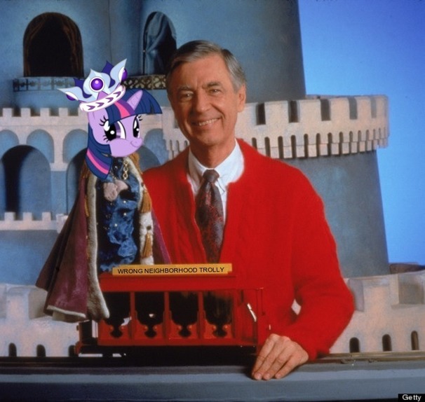 Size: 606x574 | Tagged: crossover, crown, derpibooru import, faic, jewelry, mister rogers, mister rogers' neighborhood, neighborhood trolley, regalia, safe, smirk, the land of make-believe, twiface, twilight sparkle, wrong neighborhood