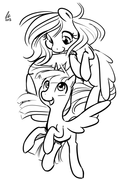 Size: 1200x1650 | Tagged: safe, artist:rwl, derpibooru import, fluttershy, twilight sparkle, twilight sparkle (alicorn), alicorn, pony, grayscale, monochrome