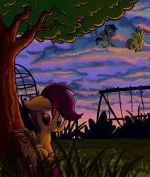 Size: 1300x1536 | Tagged: artist:jigglybelle, dark, derpibooru import, evening, grass, playground, safe, scootalone, scootaloo, scootaloo can't fly, scootasad, sunset, swing, tree