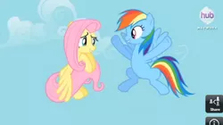 Size: 580x325 | Tagged: safe, derpibooru import, screencap, fluttershy, rainbow dash, pegasus, pony, daring don't, cute, fangirl, female, flying, happy, hub logo, hubble, link, looking at each other, mare, shyabetes, smiling, spread wings, the legend of zelda, wings