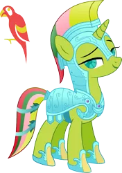 Size: 775x1099 | Tagged: armor, artist:kaylathehedgehog, bird, clothes, derpibooru import, g1, g1 to g4, generation leap, helmet, mimic (g1), mohawk, parrot, safe, shoes, simple background, solo, transparent background, twinkle eyed pony, vector