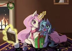 Size: 1400x986 | Tagged: safe, artist:grasspainter, derpibooru import, princess celestia, princess luna, pony, book, box, chocolate, christmas, clothes, cup, cute, drink, female, filly, fire, fireplace, food, happy, hearth's warming eve, holiday, hot chocolate, levitation, magic, mug, open mouth, pink-mane celestia, pointy ponies, present, prone, royal sisters, rug, scarf, siblings, sisters, smiling, telekinesis, woona, wreath, younger