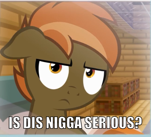 Size: 643x586 | Tagged: safe, derpibooru import, edit, button mash, earth pony, pony, don't mine at night, bookshelf, caption, colt, edgy, floppy ears, foal, hat, image macro, male, minecraft, propeller hat, racial slur, racism, reaction image, slur, solo, text, vulgar