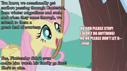 Size: 1280x720 | Tagged: semi-grimdark, derpibooru import, edit, fluttershy, pegasus, pony, caption, caribou, clothes, female, genocide, hanging (by neck), image macro, implied death, lynching, mare, murdershy, offscreen character, rise of equestria, rope, solo, take that, text