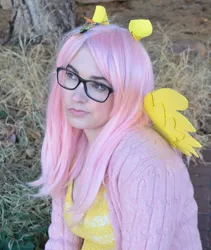 Size: 809x960 | Tagged: alternate hairstyle, artist:lochlan o'neil, clothes, cosplay, costume, derpibooru import, fluttershy, glasses, hipster, hipstershy, human, irl, irl human, photo, safe, solo, sweater, sweatershy