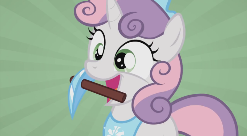 Size: 873x480 | Tagged: safe, artist:jan, derpibooru import, screencap, sweetie belle, pony, unicorn, don't mine at night, cute, diasweetes, female, filly, happy, minecraft, open mouth, pickaxe, smiling, solo