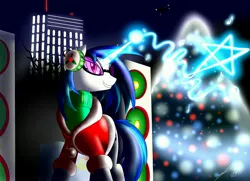 Size: 3100x2250 | Tagged: artist:bludraconoid, building, christmas, clothes, derpibooru import, earmuffs, hearth's warming eve, holiday, magic, music notes, night, safe, solo, speakers, stars, sweater, vinyl scratch