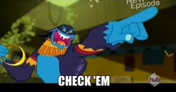 Size: 1435x754 | Tagged: ahuizotl, caption, check 'em, check em, daring don't, derpibooru import, dubs, image macro, pointing, rings of scorchero, safe, screencap, solo, text