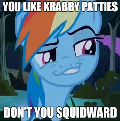 Size: 479x482 | Tagged: caption, daring don't, derpibooru import, dreamworks face, faic, grin, image macro, just one bite, lip bite, rainbow dash, safe, season 4, smiling, smirk, smug, smugdash, solo, spongebob squarepants, text