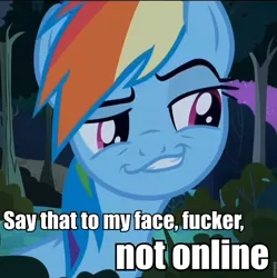 Size: 862x865 | Tagged: caption, daring don't, derpibooru import, faic, image macro, internet tough guy, rainbow dash, safe, smug, smugdash, solo, text, vulgar