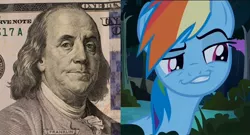 Size: 1496x808 | Tagged: benjamin franklin, daring don't, derpibooru import, dollar, face, faic, money, rainbow dash, safe, smug, smugdash