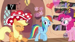 Size: 1024x576 | Tagged: apple hat, applejack, balloon, daring don't, derpibooru import, fez, hat, national random holiday party day, party stetson, pinkie pie, rainbow dash, safe, scrunchy face