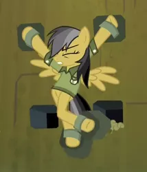 Size: 678x792 | Tagged: anatomically incorrect, animation error, daring do, daring don't, deathtrap, derpibooru import, eyes closed, fortress of talacon, incorrect leg anatomy, restrained, safe, screencap, season 4, solo