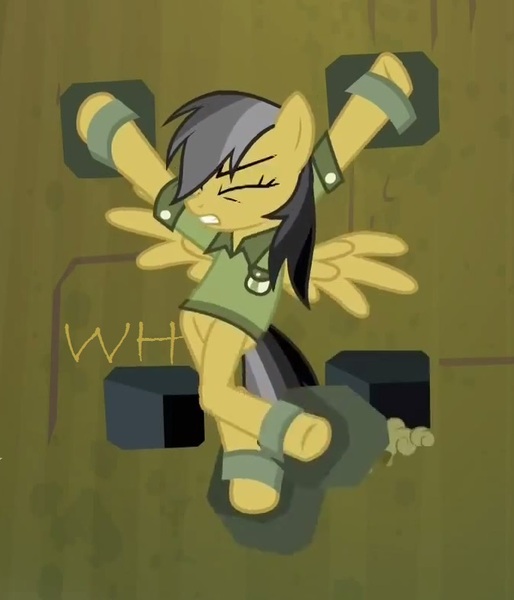 Size: 678x792 | Tagged: 1000 hours in ms paint, anatomically incorrect, daring do, daring don't, deathtrap, derpibooru import, edit, eyes closed, fortress of talacon, incorrect leg anatomy, ms paint, restrained, safe, solo