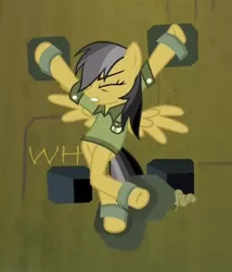 Size: 678x792 | Tagged: 1000 hours in ms paint, anatomically incorrect, daring do, daring don't, deathtrap, derpibooru import, edit, eyes closed, fortress of talacon, incorrect leg anatomy, ms paint, restrained, safe, solo