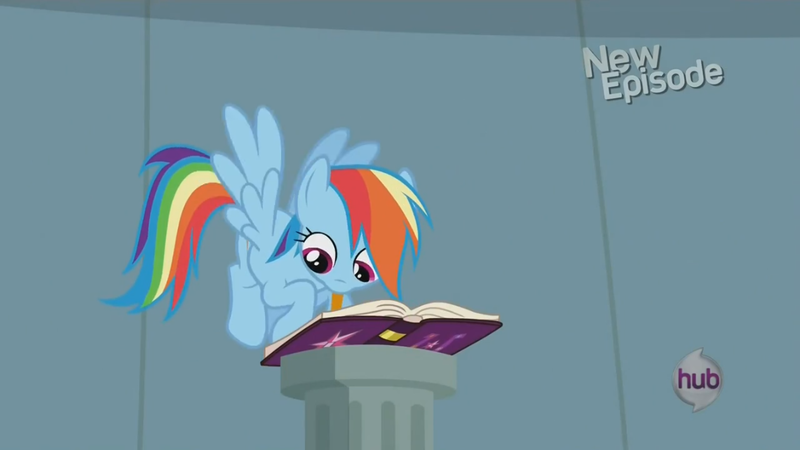 Size: 1141x642 | Tagged: cute, daring don't, derpibooru import, flying, friendship journal, mouth hold, rainbow dash, safe, screencap, season 4, solo, writing