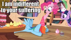 Size: 960x540 | Tagged: alicorn, caption, daring don't, derpibooru import, faceplant, golden oaks library, image macro, indifferent, national random holiday party day, pinkie pie, rainbow dash, reaction image, safe, screencap, season 4, text, twilight sparkle, twilight sparkle (alicorn)