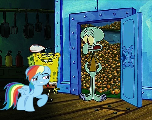 Size: 500x397 | Tagged: safe, derpibooru import, rainbow dash, daring don't, season 4, faic, image, jpeg, just one bite, krabby patty, meme, smug, smugdash, spongebob squarepants, spongebob squarepants (character), squidward tentacles