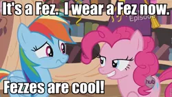 Size: 960x540 | Tagged: daring don't, derpibooru import, doctor who, fez, hat, hub logo, national random holiday party day, pinkie pie, rainbow dash, safe