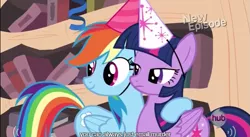 Size: 639x351 | Tagged: safe, derpibooru import, edit, edited screencap, screencap, rainbow dash, twilight sparkle, twilight sparkle (alicorn), alicorn, pony, daring don't, caption, female, hat, hub logo, mare, meme, national random holiday party day, new episode, party hat, youtube caption