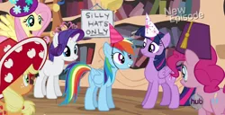 Size: 1364x696 | Tagged: safe, derpibooru import, edit, applejack, fluttershy, pinkie pie, rainbow dash, rarity, twilight sparkle, twilight sparkle (alicorn), alicorn, earth pony, pegasus, pony, unicorn, daring don't, balloon, book, bookshelf, don hertzfeldt, female, fez, floating, flower, freckles, frown, golden oaks library, gritted teeth, hat, hub logo, jewelry, looking at each other, mane six, mare, national random holiday party day, rejected, silly hat, smiling, spread wings, this will end in death, this will end in tears, this will end in tears and/or death, tiara, wings