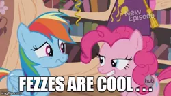 Size: 480x270 | Tagged: daring don't, derpibooru import, doctor who, fez, hat, hub logo, meme, national random holiday party day, pinkie pie, rainbow dash, safe