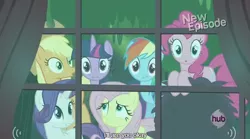 Size: 638x354 | Tagged: alicorn, applejack, caption, daring don't, derpibooru import, edit, edited screencap, fluttershy, mane six, meme, observer, pinkie pie, rainbow dash, rarity, safe, screencap, twilight sparkle, twilight sparkle (alicorn), window, youtube caption