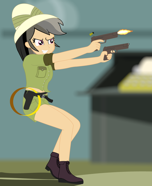 Size: 3920x4784 | Tagged: safe, artist:garretthegarret, derpibooru import, daring do, daring don't, equestria girls, clothes, dual wield, gun, handgun, light skin, pistol, rings of scorchero, shorts, solo, weapon