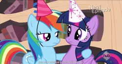 Size: 1152x609 | Tagged: safe, derpibooru import, edit, edited screencap, screencap, rainbow dash, twilight sparkle, twilight sparkle (alicorn), alicorn, pony, daring don't, caption, female, mare, meme, national random holiday party day, youtube caption