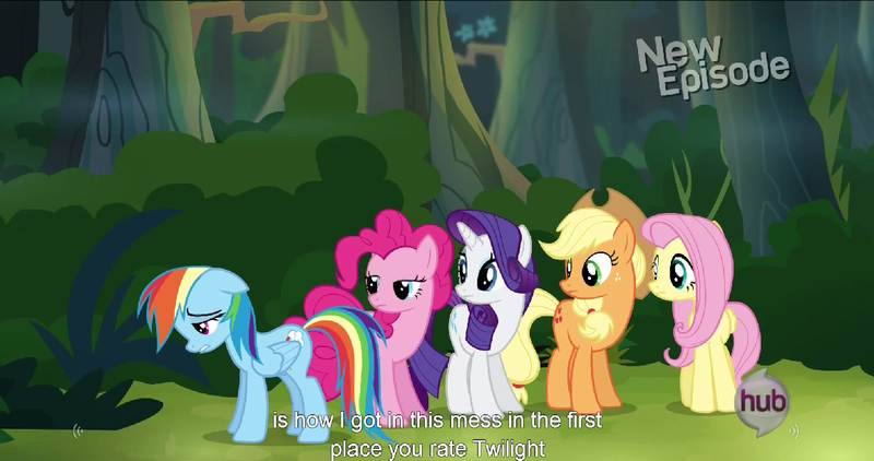 Size: 1152x608 | Tagged: applejack, caption, daring don't, derpibooru import, edit, edited screencap, fluttershy, meme, pinkie pie, rainbow dash, rarity, safe, screencap, youtube caption