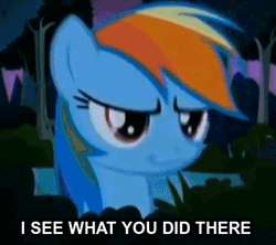 Size: 400x355 | Tagged: animated, caption, daring don't, derpibooru import, faic, image macro, i see what you did there, rainbow dash, reaction image, safe, smug, smugdash, solo, text