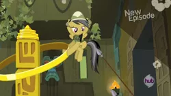 Size: 1920x1080 | Tagged: safe, derpibooru import, screencap, daring do, pegasus, pony, daring don't, clothes, female, flying, fortress of talacon, hat, mare, pillar of burnination, pith helmet, rings of scorchero, solo, spear, weapon