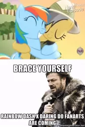 Size: 500x744 | Tagged: brace yourselves, daring do, daring don't, derpibooru import, exploitable meme, female, hape, hub logo, hug, lesbian, livestream, meme, memegenerator, rainbow dash, safe, season 4, shipping, smiling