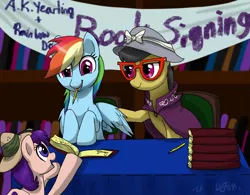 Size: 2071x1617 | Tagged: safe, artist:dawnmistpony, derpibooru import, a.k. yearling, daring do, rainbow dash, pegasus, pony, daring don't, autograph, book, book signing, female, filly, glasses, hat, mouth hold, pencil, pith helmet, table