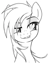 Size: 967x1280 | Tagged: safe, artist:stoic5, derpibooru import, rainbow dash, pegasus, pony, daring don't, bust, eyeshadow, faic, female, grayscale, grin, lidded eyes, lineart, makeup, mare, monochrome, simple background, smiling, smug, smugdash, solo, tongue out, white background