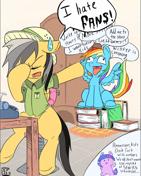 Size: 997x1247 | Tagged: safe, artist:gela-g-i-s-gela, derpibooru import, daring do, rainbow dash, twilight sparkle, twilight sparkle (alicorn), alicorn, pony, daring don't, book, daringdash, derp, desk, dialogue, drool, drool string, eyes closed, facehoof, fan, fangasm, fangirl, female, game of thrones, harry potter, hate, lesbian, mare, open mouth, scene interpretation, shipping, sitting, smiling, speech bubble, spread wings, sweat, sweatdrop, tongue out, typewriter, uvula, vulgar, wingboner, wings