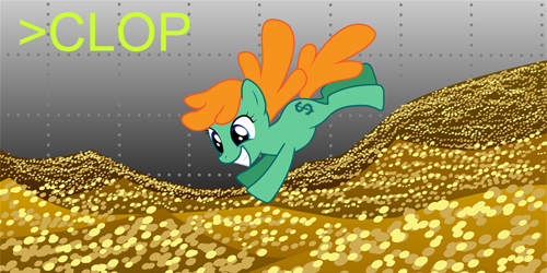 Size: 500x250 | Tagged: safe, derpibooru import, oc, unofficial characters only, earth pony, pony, >clop, clop, dollar sign, game, greentext, mlpchan, money, promotional art, solo, text, this will end in death, this will end in tears, this will end in tears and/or death, vulgar