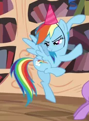 Size: 736x1004 | Tagged: safe, derpibooru import, screencap, rainbow dash, pony, daring don't, butt, cropped, female, flying, hat, mare, national random holiday party day, party hat, plot, solo